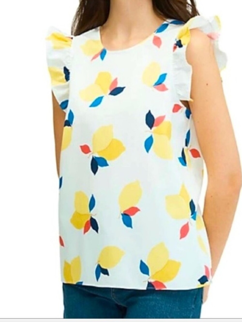 kate spade White Floral Ruffled-Sleeve Blouse with Yellow, Blue, Coral